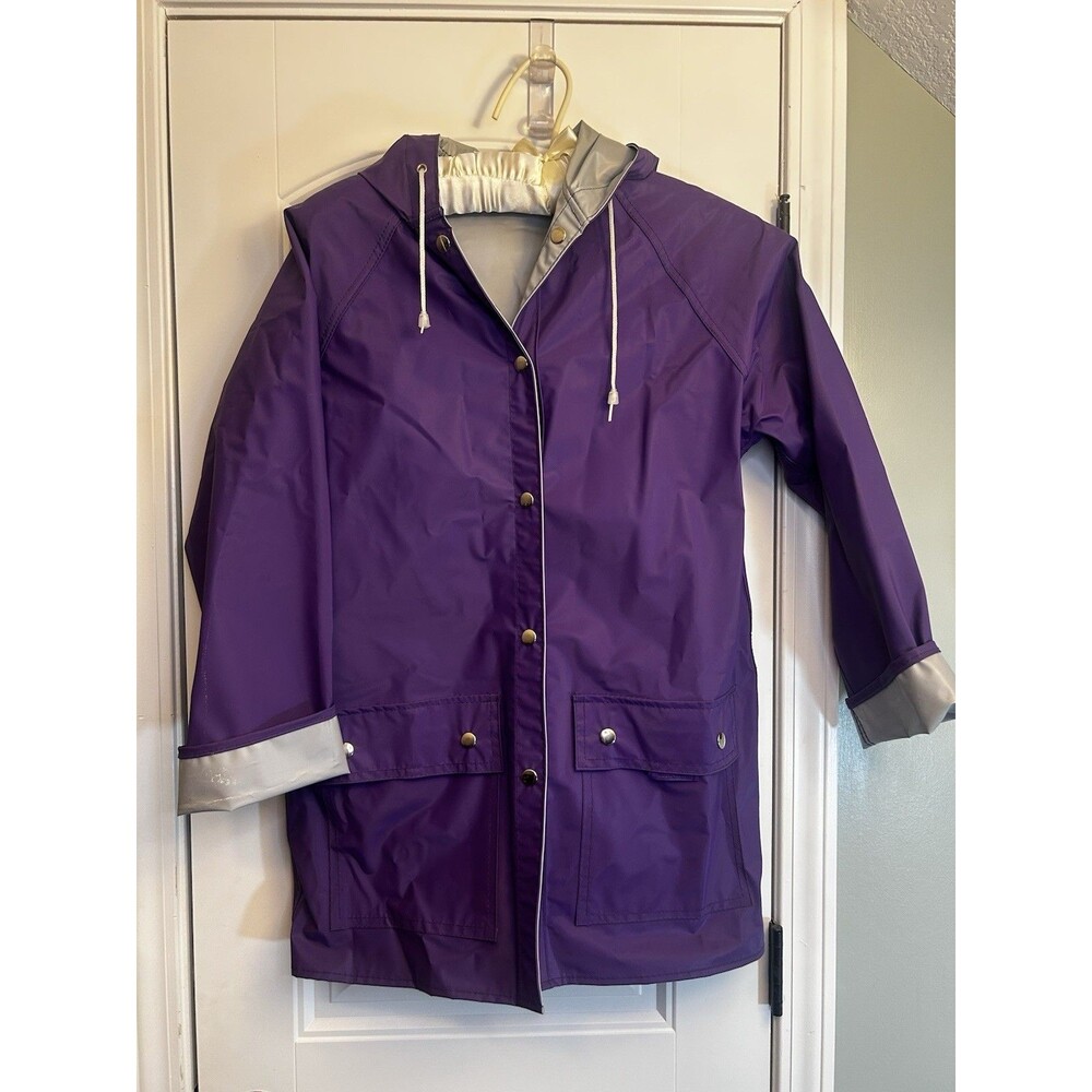 The Slicker Purple Reversible Hooded Raincoat Waterproof Vinyl Womens M Coat EUC - Picture 13 of 13